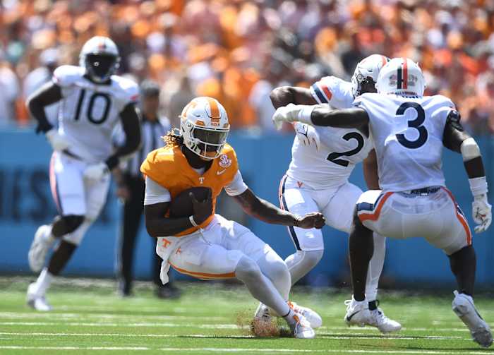 Tennessee Volunteers QB Joe Milton III during the win against Virginia on September 2nd, 2023, in Nashville, Tennessee. (Photo by Caitie McMekin of the News Sentinel)